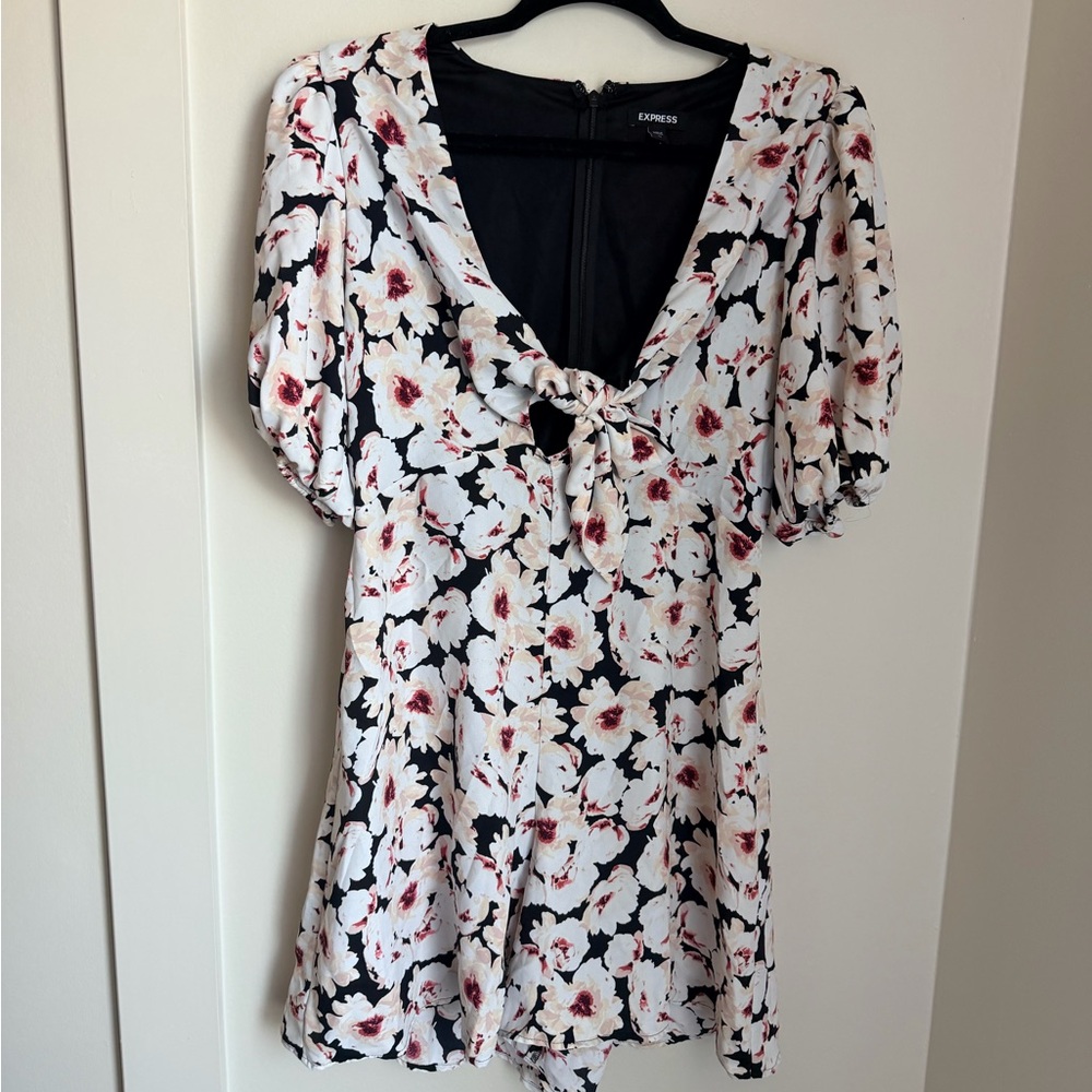 Express Black Floral Tie-Front Tunic with White and Blush Flowers